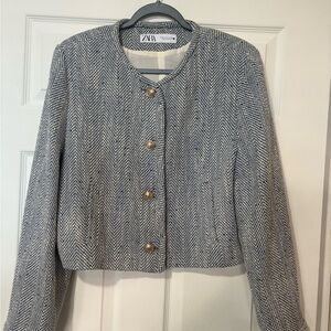 Zara Women's Blue and White Herringbone Blazer